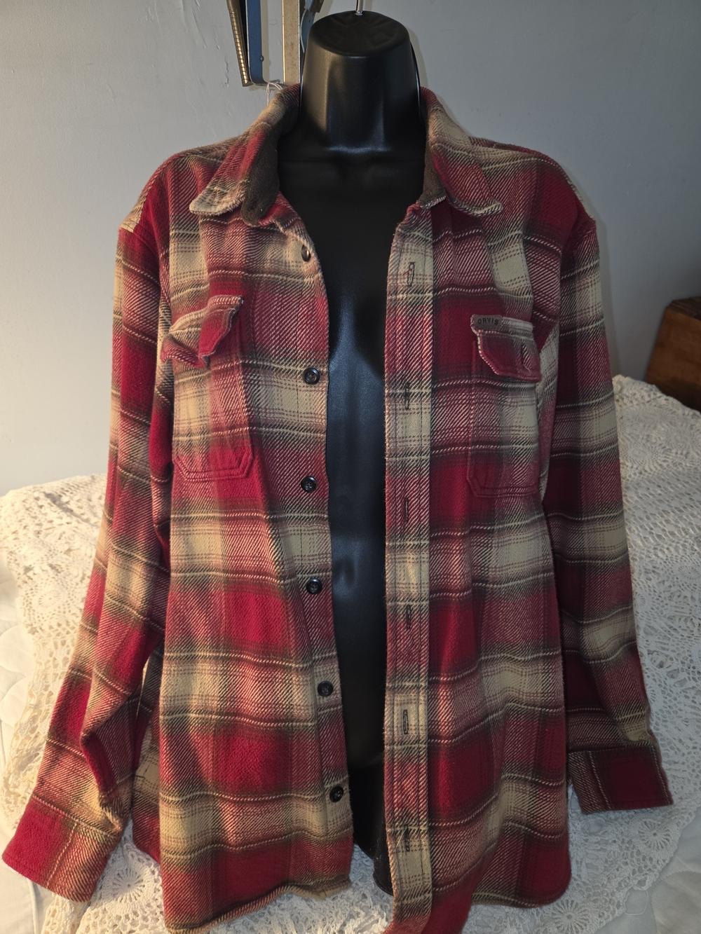 Orvis Red and Cream Plaid Button-Down Flaanel Shirt Jacket